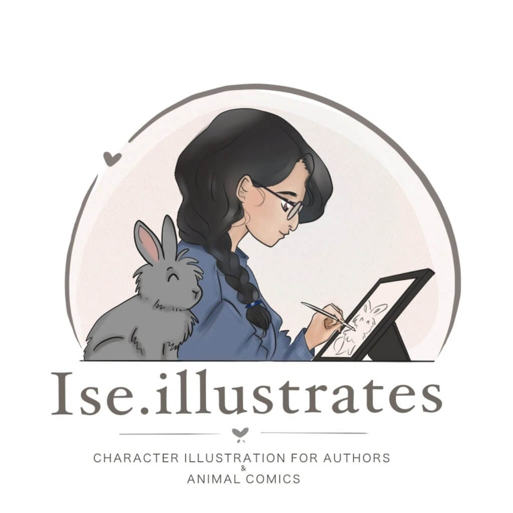 Logo für Ise.illustrates, Frau zeichnet auf Tablet, freunldichen Kaninchen sitzt daneben